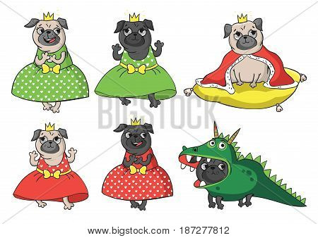 Cute fairytale pugs - king, princess, dragon. Vector hand drawn cartoon illustrations isolated on white background.