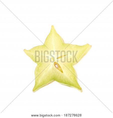 Single cross-section slice of carambola starfruit fruit isolated over the white background