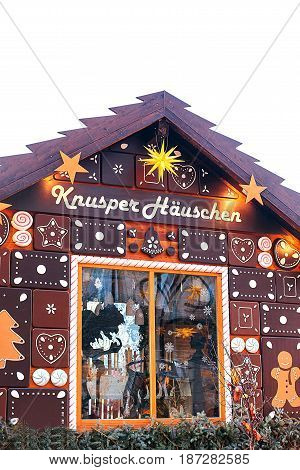 Dresden Germany December 19 2016: Gingerbread House in the Christmas market in Dresden Germany. Europe. Inscription in German Crisp house