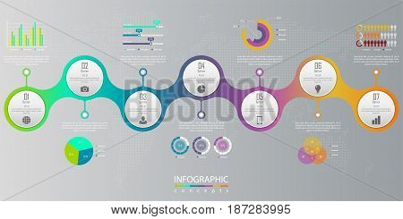 Infographic timeline template with 7 options, parts, steps can be used for chart, diagram, web design, presentation, advertising, history, report. Vector infographic illustration