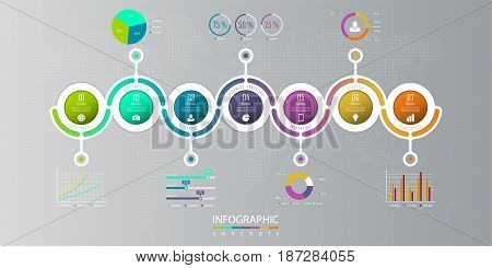 Infographic timeline template with 7 options, parts, steps can be used for chart, diagram, web design, presentation, advertising, history, report. Vector infographic illustration