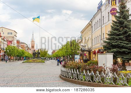 MUKACHEVE, UKRAINE - APRIL 25, 2017: Street View of Cyril and Methodius square. Muhacheve is the second largest city in Zakarpattia Oblast
