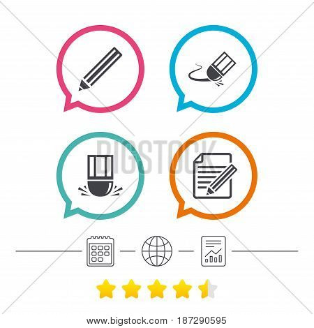 Pencil icon. Edit document file. Eraser sign. Correct drawing symbol. Calendar, internet globe and report linear icons. Star vote ranking. Vector