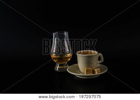 Single Malt Tasting Glasses, Single Malt Whisky In A Glass And Black Coffee In The White Cup