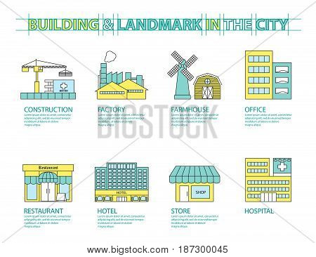 Set of Flat line icon & infographic design concept Buildings landmark city 02