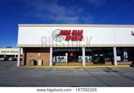 BAY VIEW, MICHIGAN / UNITED STATES - NOVEMBER 26, 2016: One may purchase bicycles and other sporting goods at High Gear Sports, in a Bay View strip mall.