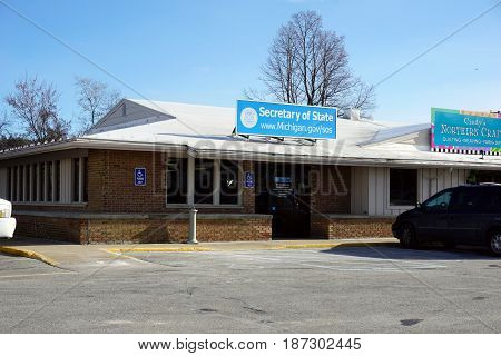 BAY VIEW, MICHIGAN / UNITED STATES - NOVEMBER 26, 2016: One may apply for a driver's license at the office of the Michigan Secretary of State, in a Bay View strip mall.