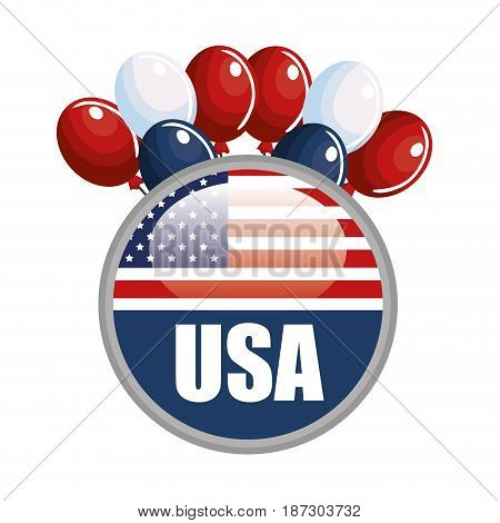 USA flag buttton with balloons over white background.  Vector illustration.