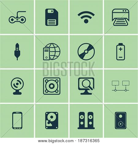 Set Of 16 Computer Hardware Icons. Includes Internet Network, Aux Cord, Audio Device And Other Symbols. Beautiful Design Elements.