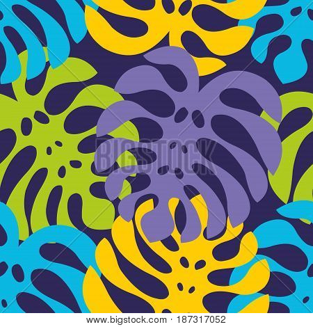 Night tropics. Colorful seamless pattern with exotic leaves. Vector background for design of textile sportswear covers packaging and other surfaces