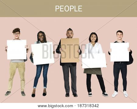 Adult People Hold Blank Paper Board Copy Space Studio Portrait