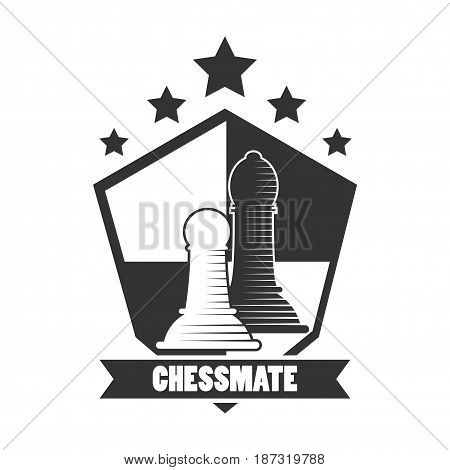 Chessmate club black and white emblem logo design. Pawns inside figure, chess board, five-pointed stars above and sign on ribbon underneath isolated vector illustration on white background.