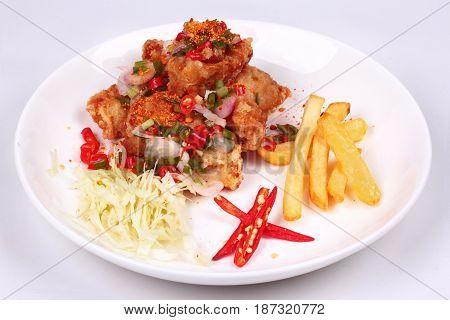Spicy Crispy Deep-fried Karaoge Chicken Salad.