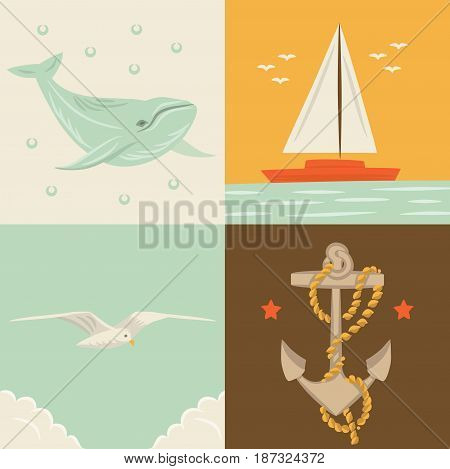 Vector flat illustration, icon set of sea: whale, ship, seagull anchor