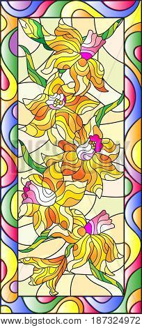 Illustration in stained glass style with daffodils on light backgroundvertical orientation