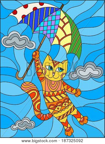 Illustration in stained glass style with funny red cat flying on the umbrella on the background of sky and clouds