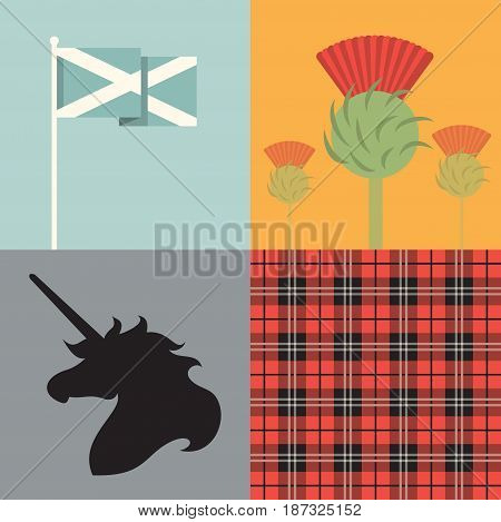 Vector flat illustration, icon set of Scotland: flag, flower, unicorn tartan