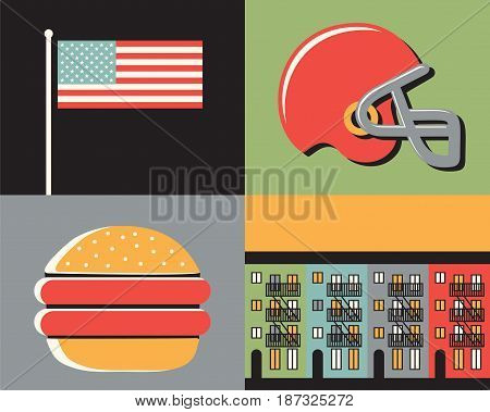Vector flat illustration icon set of USA: flag, football, eagle, house