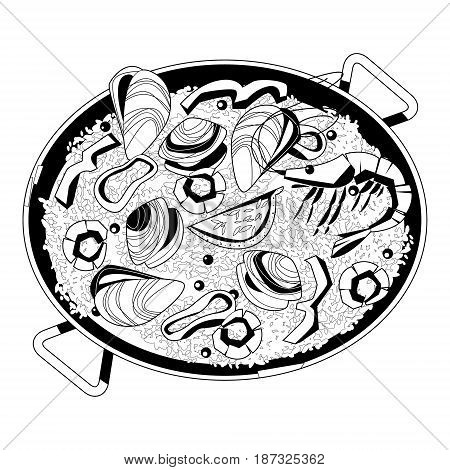 Paella with seafood. Traditional spanish food. Black and white. Vector illustration