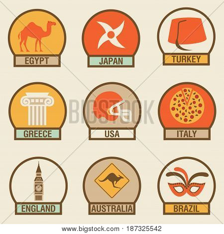 Vector flat illustration, icon set of Country: Egypt, Japan, Turkey, Greece, USA Italy England Australia Brazil