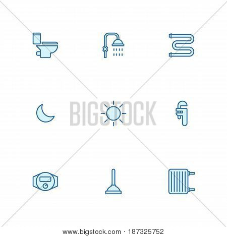Plumbing service and bathroom line icons set