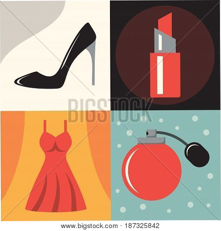 Vector flat illustration, icon set of woman fashion: shoes, lipstick, female dress, perfume