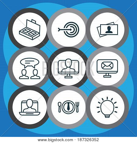 Set Of 9 Business Management Icons. Includes Great Glimpse, Dialogue, Calling Card And Other Symbols. Beautiful Design Elements.
