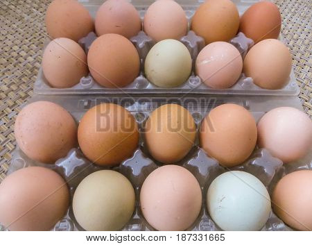 Chicken eggs on a table in plastic packing.