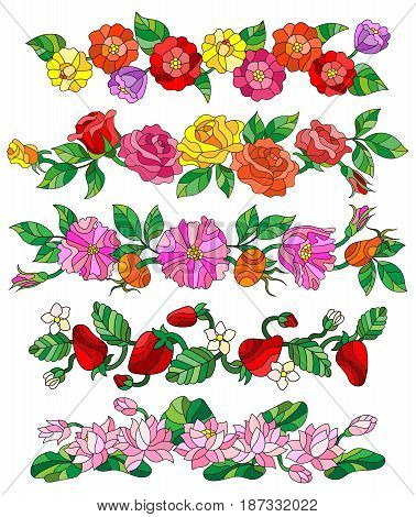 Set of floral compositions in the stained glass style on a white backgroundflowers without a common it is possible to move