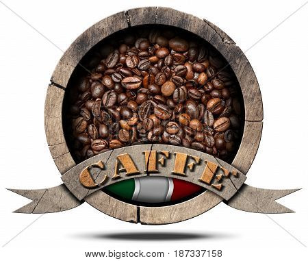 Wooden symbol of Italian coffee (Caffè Italiano) with italian flag and roasted coffee beans inside and text Caffè