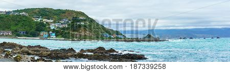Panoramic image of Taputeranga Marine Reserve is located on Wellington 's South coast covering Island Bay Owhiro Bay and Houghton Bay Wellington North Island of New Zealand