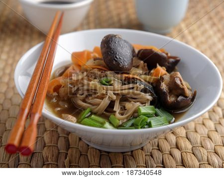 Japanese shiitake, soba, and tofu soup