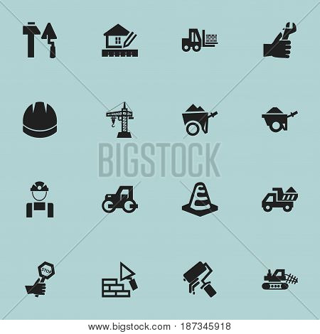 Set Of 16 Editable Construction Icons. Includes Symbols Such As Notice Object, Hardhat, Home Scheduling And More. Can Be Used For Web, Mobile, UI And Infographic Design.