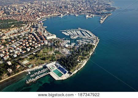 Town Split in Croatia port and yacht marine aerial view