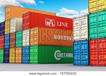 3D render illustration of the group of stacked 40 ft color metal heavy containers in sea port terminal