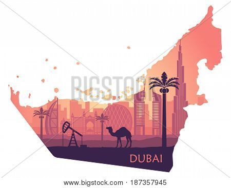 Skyline of Dubai with camel in the form of a map of the UAE