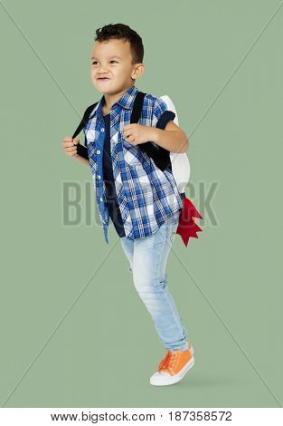 Little Boy With Toy Rocket on The Back