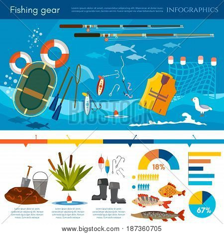 Professional fishing infographic fishing rod hooks bait fish worms fisher equipment vector flat illustration