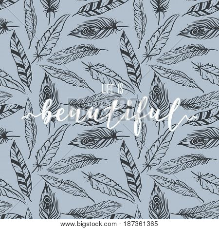 Feather pattern with lettering vector print design.