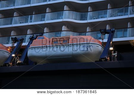 Amsterdam The Netherlands - May 11th 2017: Mein Schiff 3 TUI Cruises docked at Passenger Terminal Amsterdam safety vessels