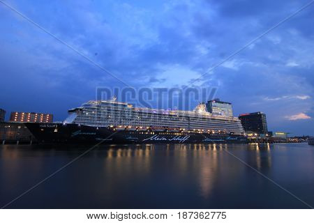 Amsterdam The Netherlands - May 11th 2017: Mein Schiff 3 TUI Cruises docked at Passenger Terminal Amsterdam