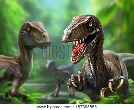 Three velciraptors in a natural environment hunt
