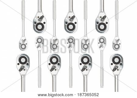 Group of ratchet spanner wrench texture on white background with clipping path. tools texture concept.