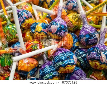 Moscow, Russia - May 20, 2017: Chupa Chups candies for sale in the store