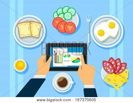Traditional business breakfast concept with hands holding tablet omelette coffee toasts tomato cucumber cheese salami sausage slices isolated vector illustration