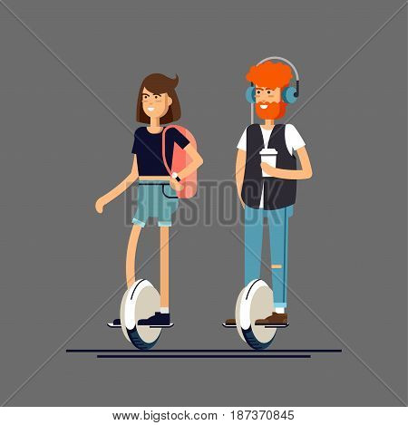 Young man with headphones and coffee paper cup and woman on electric scooter mono wheel. Vector flat illustration of modern device mono wheel, isolated. Mono wheel as urban personal transport
