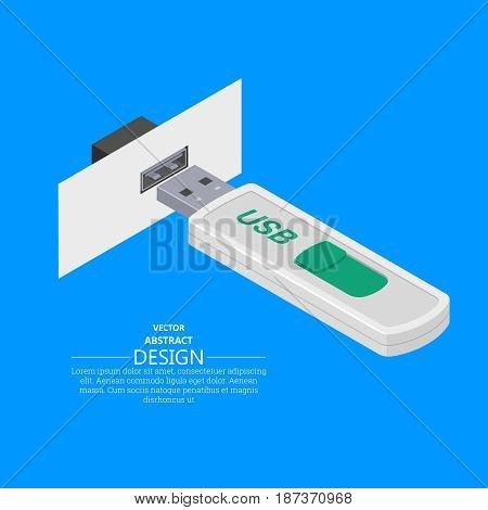 USB memory stick. Electrical connector. 3D style. Flat design. Isometric projection. Modern digital technologies. Computer accessories. Vector three-dimensional illustration. Elements for design.
