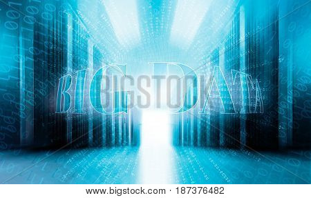 Dark server room data center storage with blue lights 3D rendering