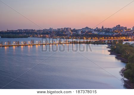 Evening sunset in Voronezh. View to Voronezh water reservoir and Chernavsky bridge