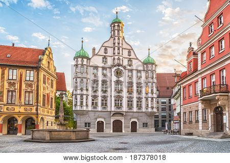 Building of Town hall (Rathaus) located on Marktplatz square in Memmingen Bavaria Germany
